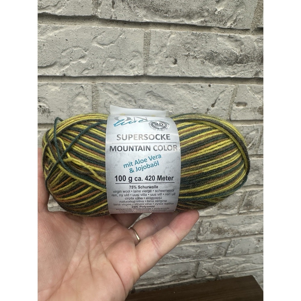 100 gram ball of ON LINE SUPERSOCKE Mountain Color sock yarn Aloe Vera 75% Wool